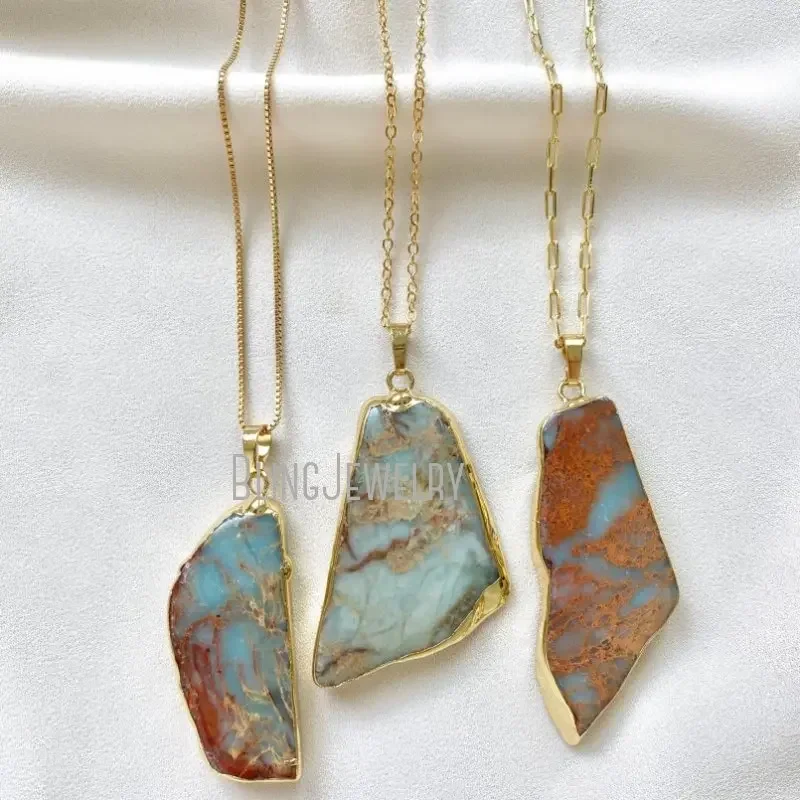 10pcs Aqua Blue Desert Ocean Jasper Pendant Necklace Natural Stone Slice Mothers Day Gift Women Jewelry