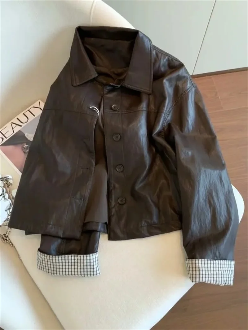 Women's Jackets High-grade Sense Brown Plaid Stitching Lapel Leather Jacket Women's Autumn Retro Sweet Cool Loose Casual Jacket