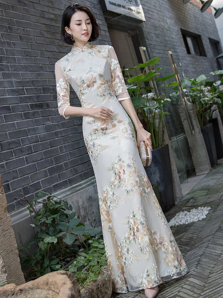 New Bride Party Cheongsam Oriental Womens Dress Fashion Chinese Style Elegant Long Qipao Luxury Wedding Robe Vestido S-5XL