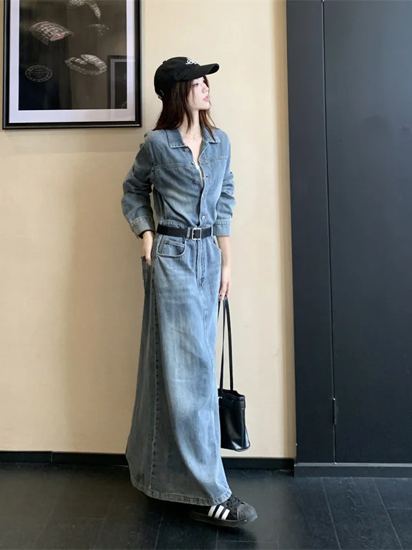 

Женское винтажное джинсовое платье больших размеров, светло-голубое, с воротником, А-силуэт, длинное, стройнящее, с завышенной талией, с длинными рукавами, для повседневной носки