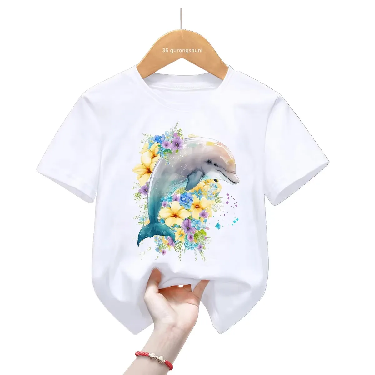 Kawaii Dolphin Whale Flowers T-Shirt Watercolor Graphic Print Short Sleeve Men Women Casual Harajuku Tee