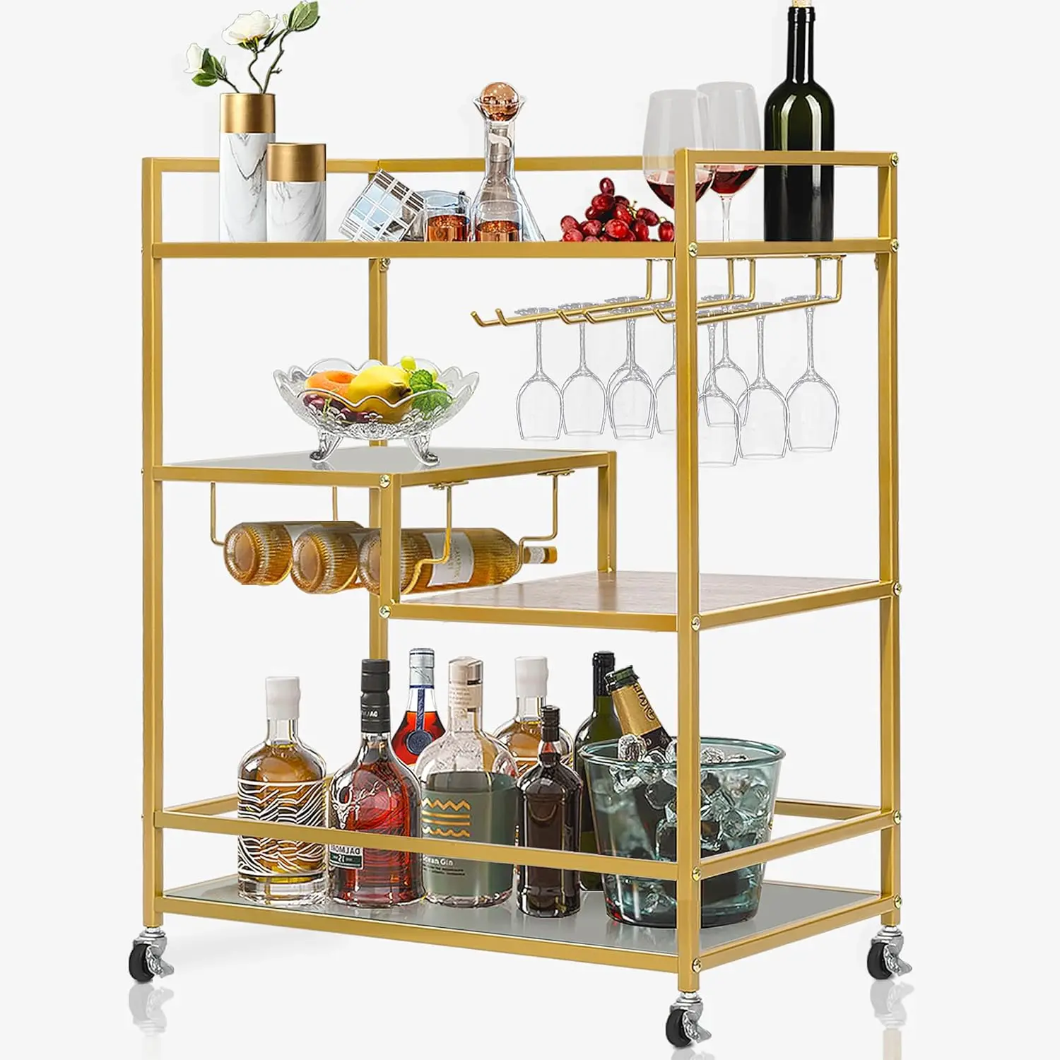 

Gold Bar Carts with 4 Tier Shelves, Rolling Serving Bar Cart with Wine Rack and Tempered Glass Holder, Home Bar Carts