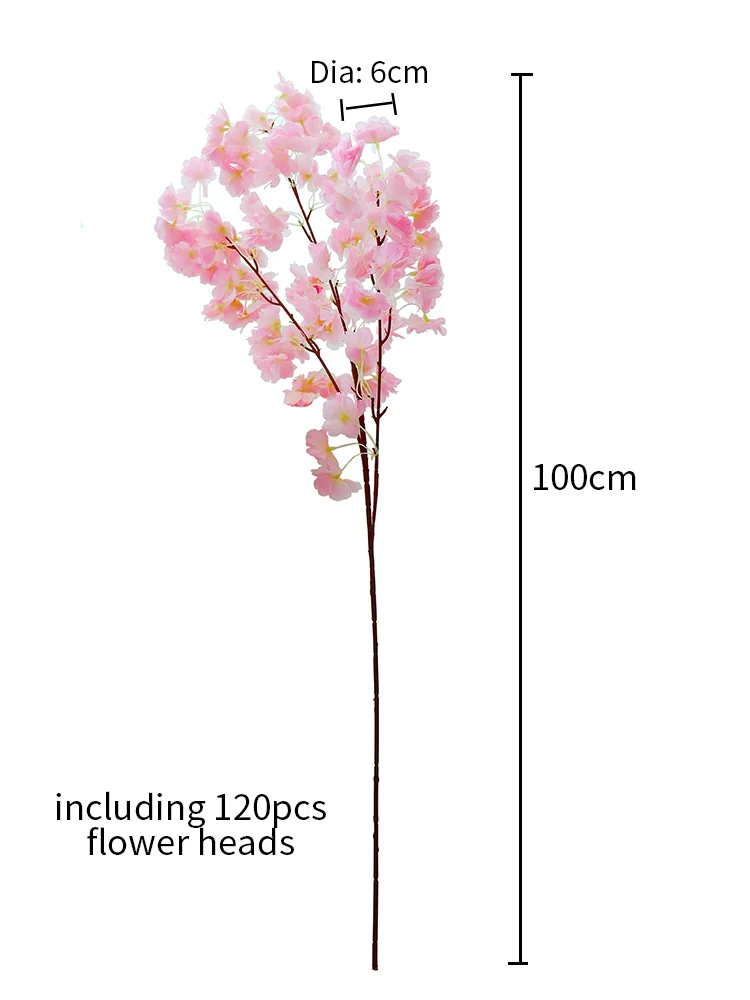 난연제 인공 벚꽃 가지 실크 사쿠라 꽃 나무 웨딩 배경 벽 파티 홈 결혼 장식, 100cm