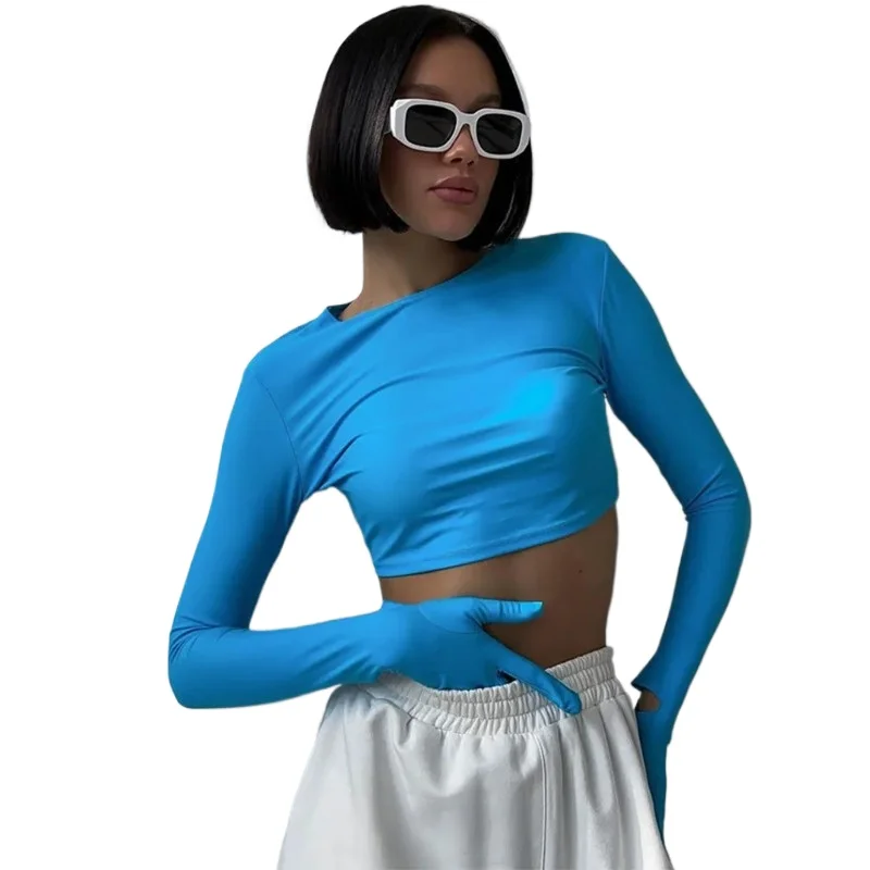 Femmes Slim Fit O-cou Récolte Hauts Mode Décontracté Moulante T-Shirts Gants De Couleur Unie Épissage T-Shirts pour Vêtements Pour Dames 2025