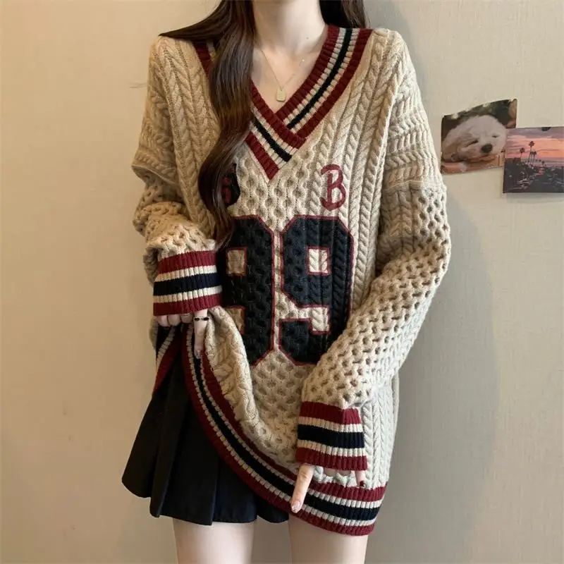 Women American Vintage Striped Digital Print Oversize Twists Knitted Sweater Casual Streeetwear V Neck Long Sleeve Pullover Tops