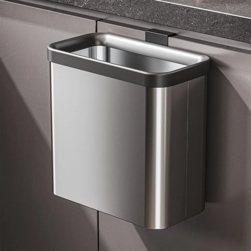 Stainless Steel Hanging Kitchen Trash Can, 2026 New With Lid, Large Capacity No Bending Movable Waste Bin