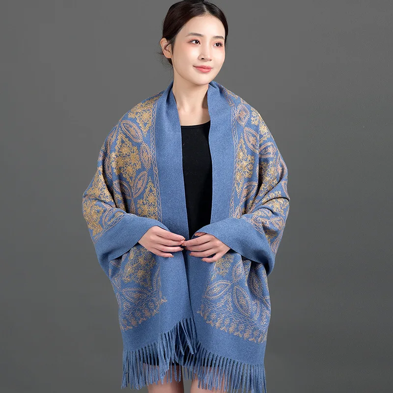 Green/Yellow/Blue Women Cashmere Scarf Thick Warm Casual Winter Scarves Ladies Embroidered Pashmina Shawls Wraps Tassel Capes