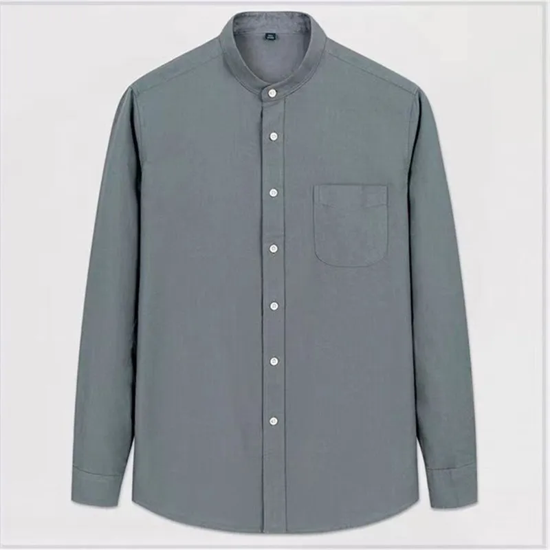 Men\'s Oxford Shirt Long Sleeve Stylish 100% Cotton Business Casual Mandarin Collar Chinese Style Solid Color Slim Military Green