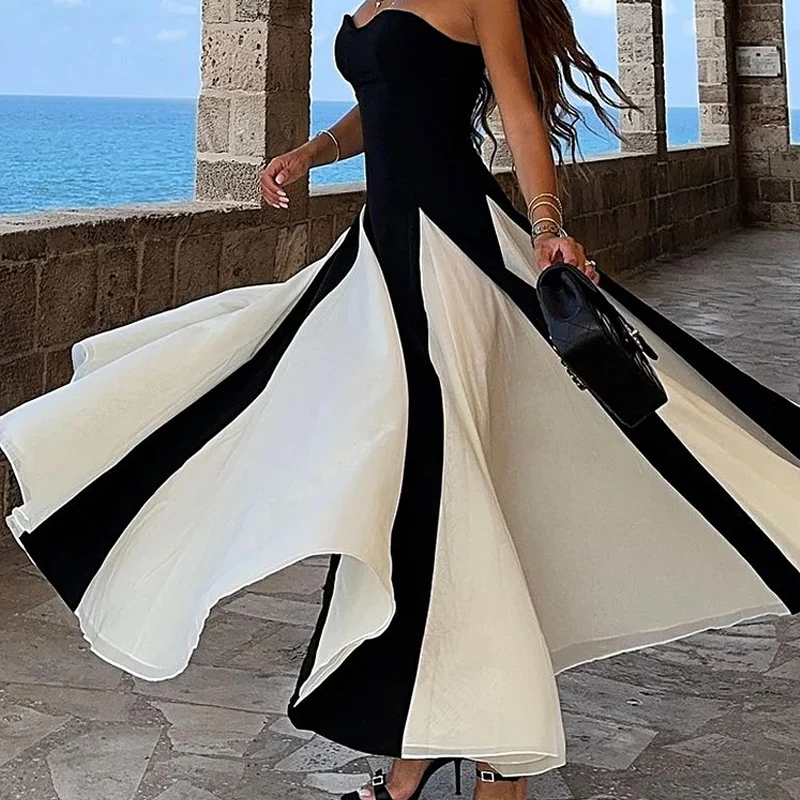 Ellafads Maxi Dress Women Fashion Simple Strapless Sleeveless Backless Tube Nipped Waist Patchwork Long Dresses Streetwear