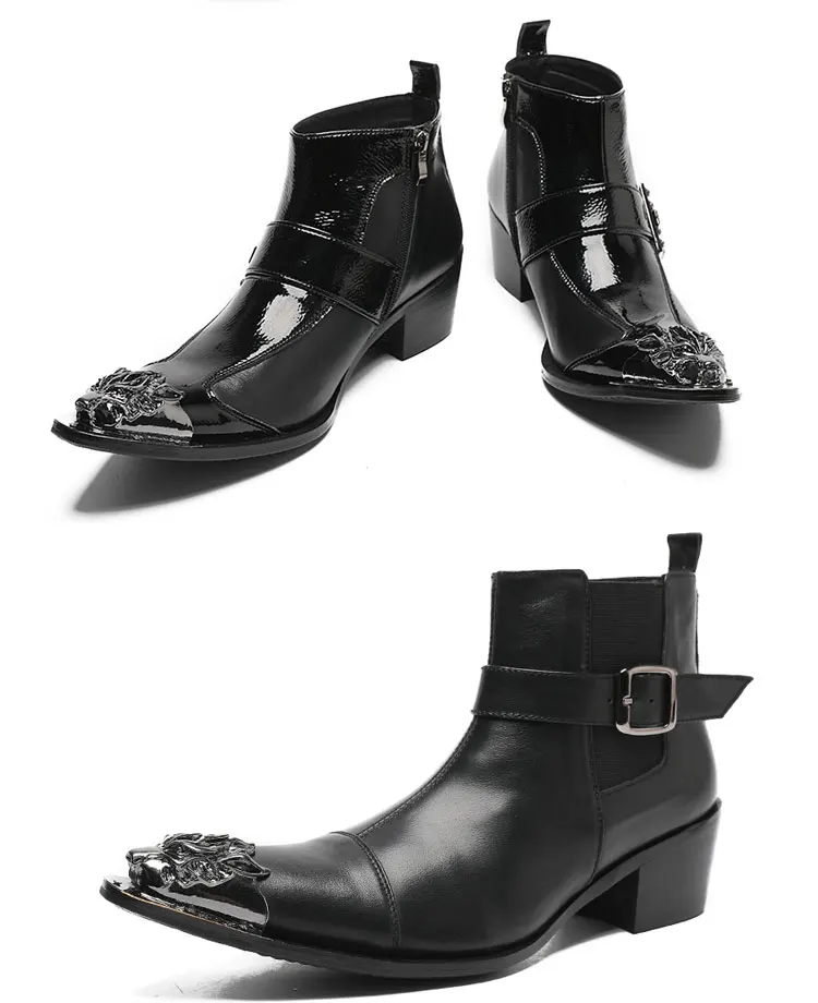 Frühlings-Herrenstiefel, rote Lederstiefel mit Nietenspitze, Modell, sozialer Kontakt, Erhöhung der Show, hochhackige Herrenstiefel aus Lackleder – Detail 15