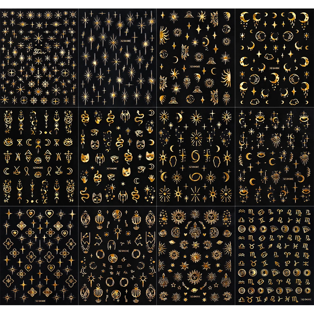 12枚入り 3D ゴールド シルバー Y2K スター ムーン ネイルステッカー ブロンズ スネーク キャット セルフ接着 スライダー クロス スターライト サン マニキュア デカール