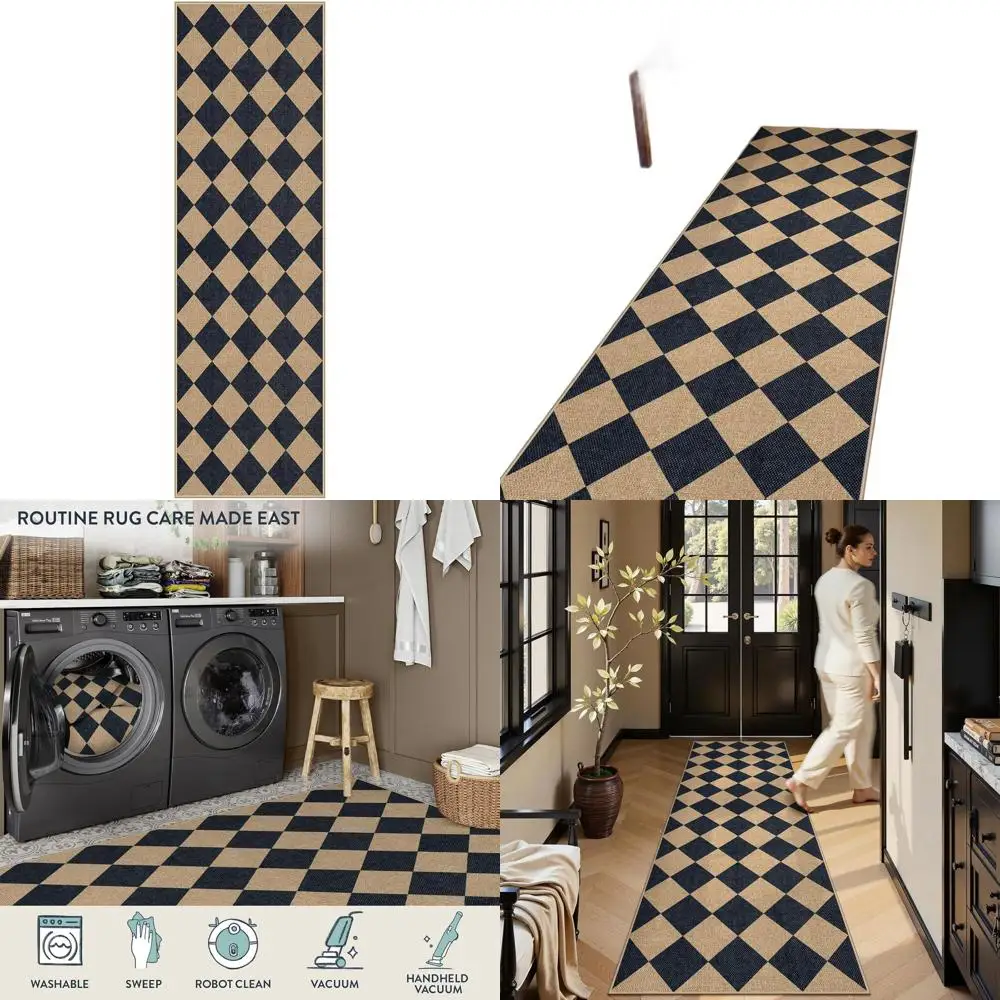

Non-Slip 2x8 Jute Hallway Runner Rug, Washable Checkerboard Black Carpet for Indoor and Outdoor Use