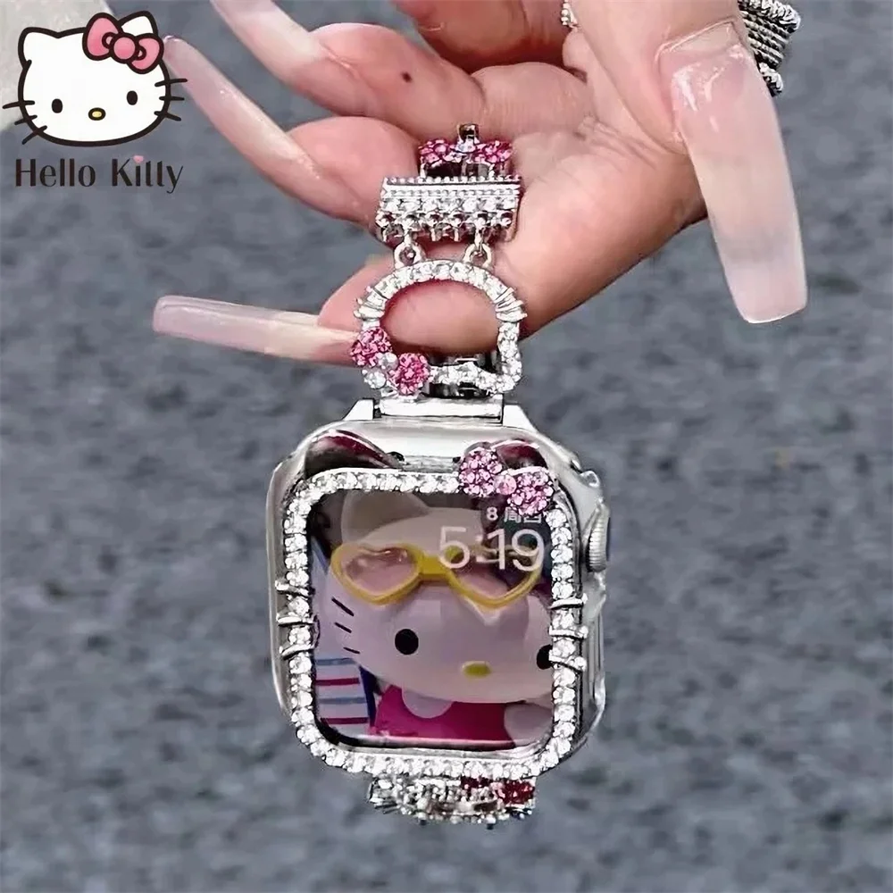 Bling Cute Hello Kitty Diamand Watch Strap Kawaii Sanrio Watch Case With Drill Suitable Iwatch 3 Colors Boy And Girl Trendy Gift