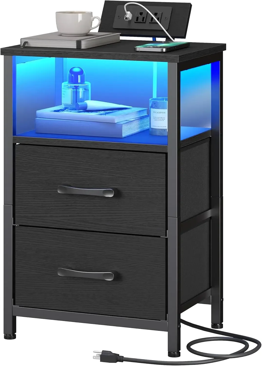 

Nightstand with Charging Station, Bedside Table with LED Lights and 2 Fabric Drawers, End Table with 2 AC Outlets and USB Port