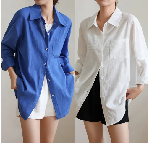 

Синие женские хлопковые льняные рубашки и блузки большого размера с длинным рукавом, летние базовые белые офисные женские рубашки, свободный топ для женщин, льняные