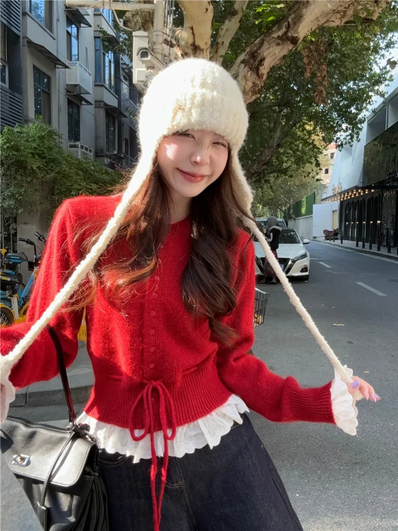 

Эффективный свитер для похудения со шнуровкой на талии, женский осенне-зимний корейский свитер Lazy Faion High Sense, красный вязаный топ