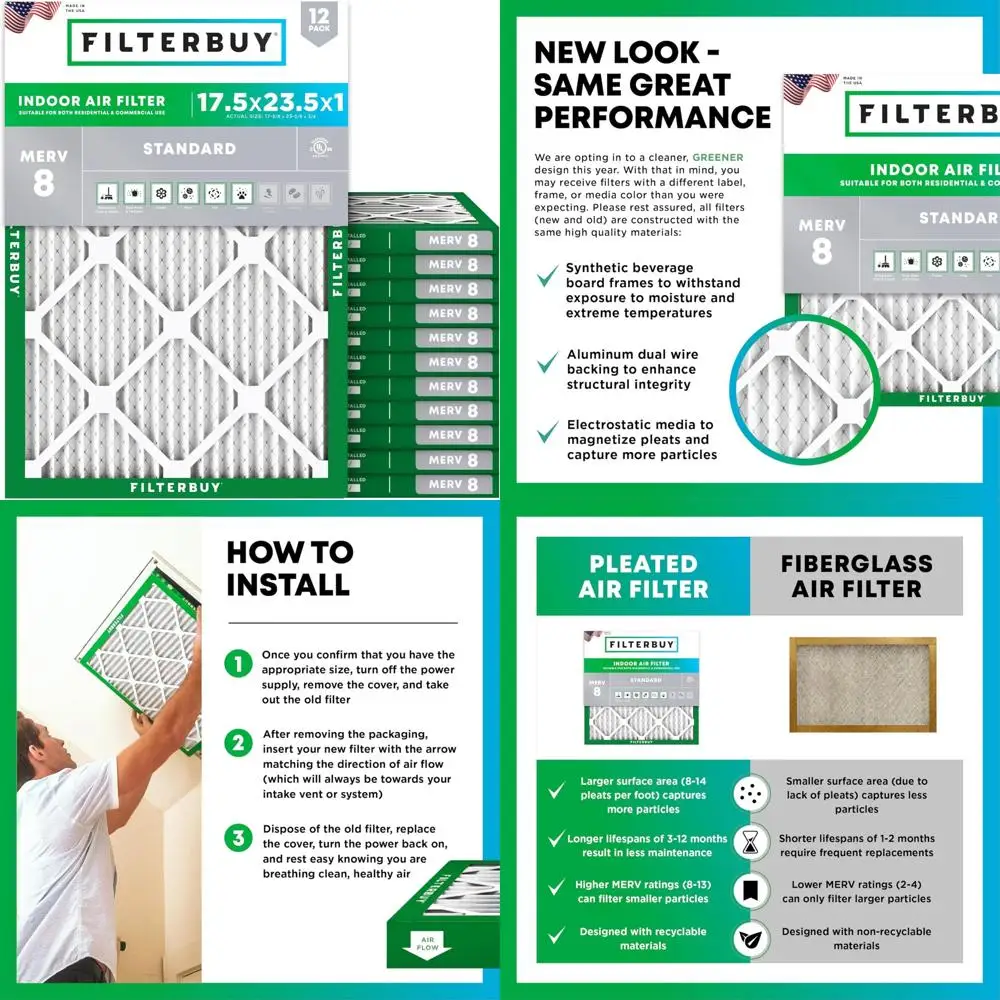 

12-Pack MERV 8 Pleated Air Filters 17.5x23.5x1 for HVAC AC Furnace Dust Defense Replacement