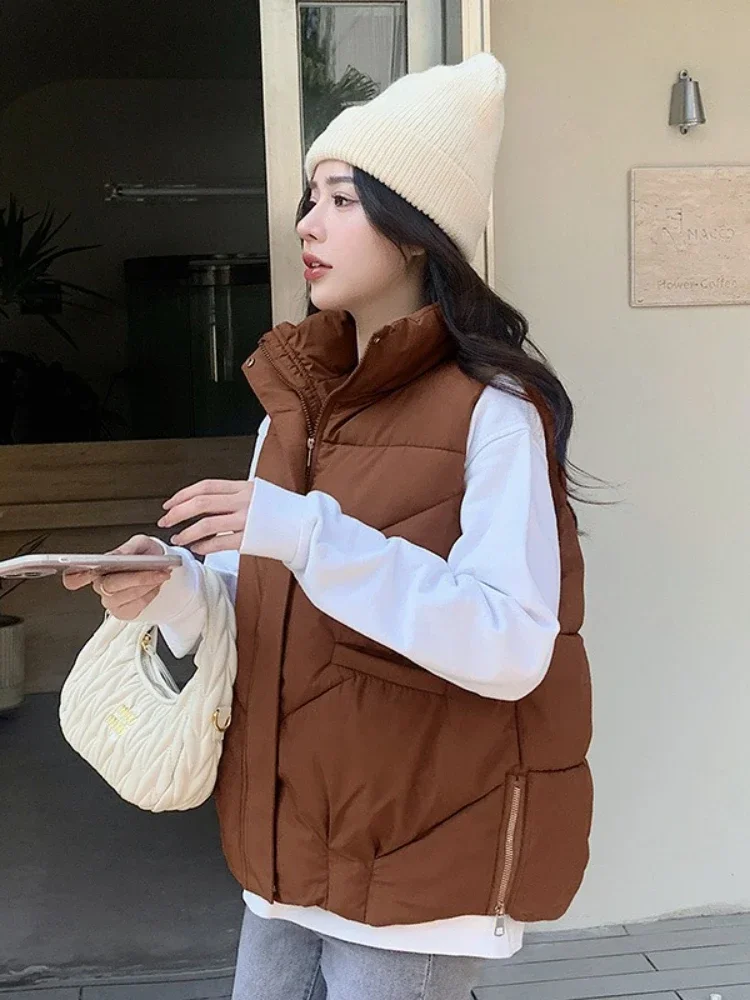 Autumn Winter Women Elegant Short Vest Vintage Female Clothing Women's Down Cotton Vests Women Loose Jacket Stand Collar Coat