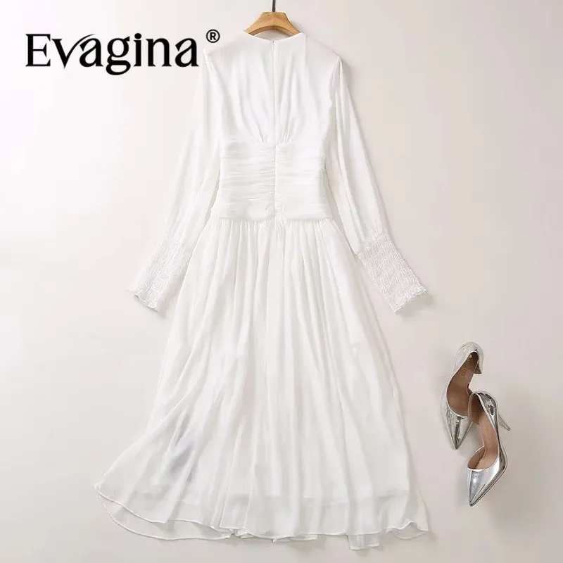 Evagina Fashion Designer Women's New Chiffon Round Neck Lantern Long-Sleeved Draped Elegant Simple Split White Long Maxi Dress