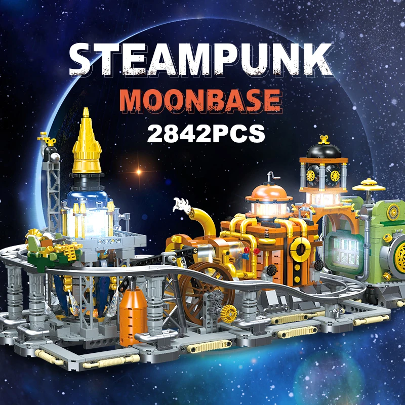 

2842PCS Steampunk Moonbase Building Bricks Model Wiht Light Rocket Small Particle Assembly Blocks Toys Creative Ornament Gifts