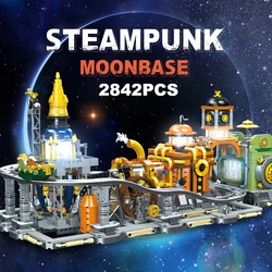 2842PCS Steampunk Moonbase Building Bricks Model Wiht Light Rocket Small Particle Assembly Blocks Toys Creative Ornament Gifts