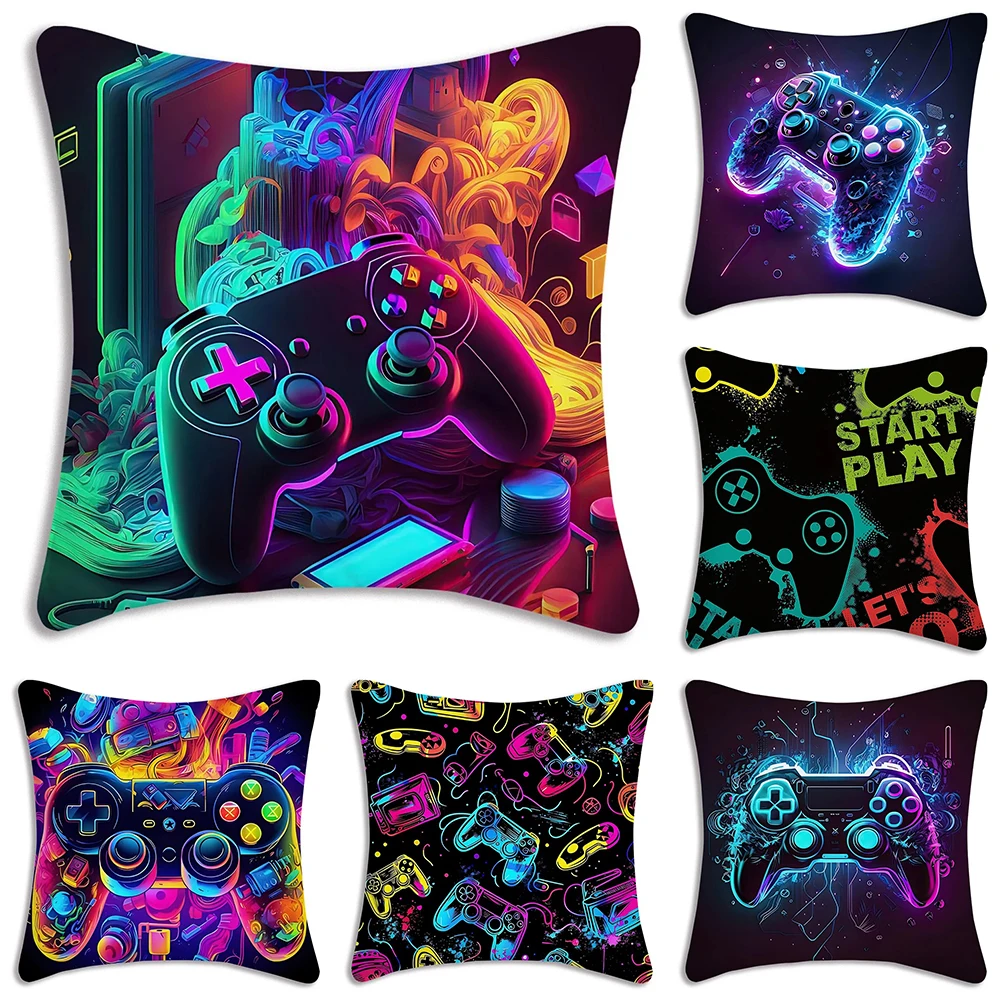 Gaming Controller Neon Printed Pillow Cover Plush Polyester Cushion Case 2D Flat Printing Pillowcase Gamer Gift Decor Start Play