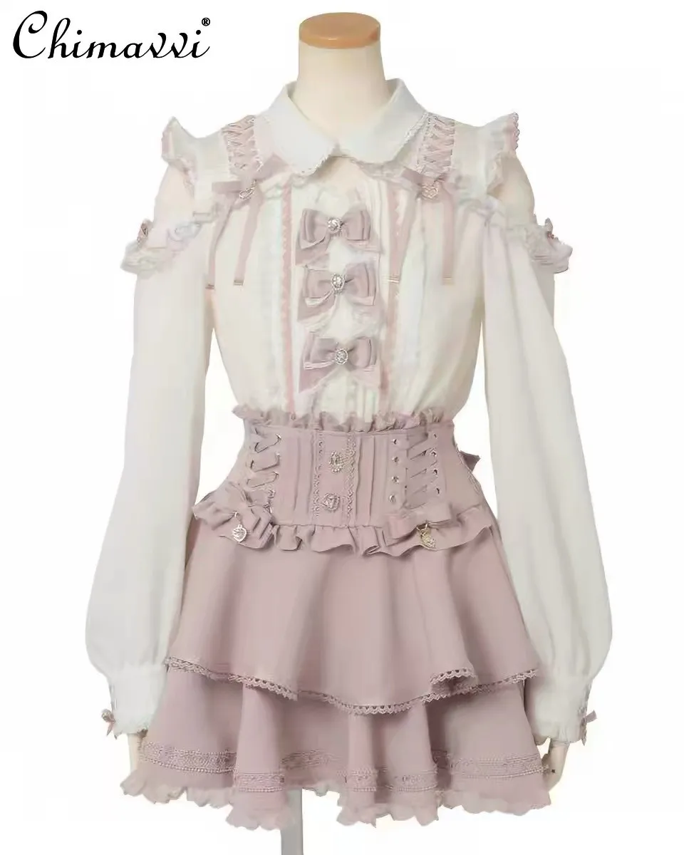 

Japanese Liz Sweet Shirt Mass Production New Cute Lolita Lace Patchwork Off-shoulder Long Sleeves Shirt Elegant Princess Blouse