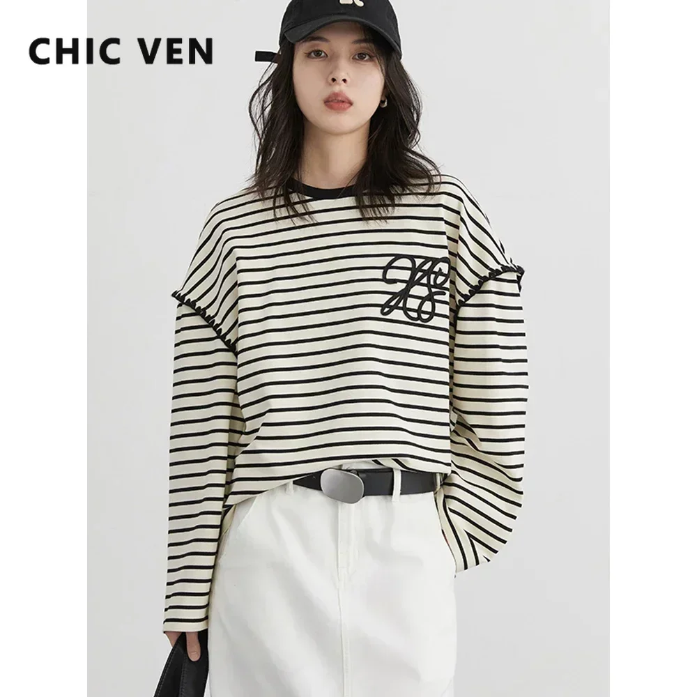 CHIC VEN Women T-Shirts New Loose O Neck Contrasting Striped Long Sleeved Tees Casual Embroidered Female Top Spring Autumn 2024