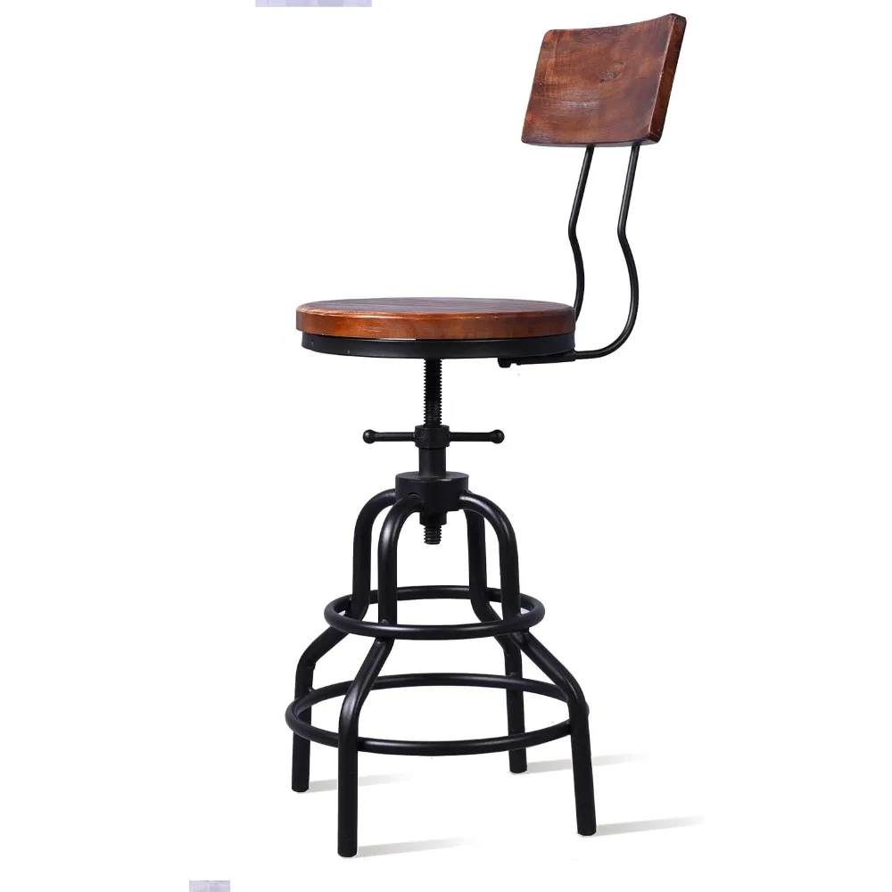Taburete de bar giratorio ajustable de estilo vintage industrial con estructura de metal y respaldo de madera, juego de 2 sillas de altura para mostrador de cocina