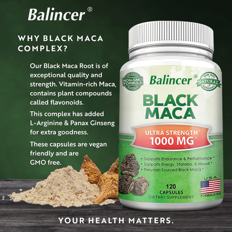 Black Maca Root Capsules 1000mg, Support Energy, Endurance, Muscle & Male Performance, Recovery Hormone Balance, Non-GMO