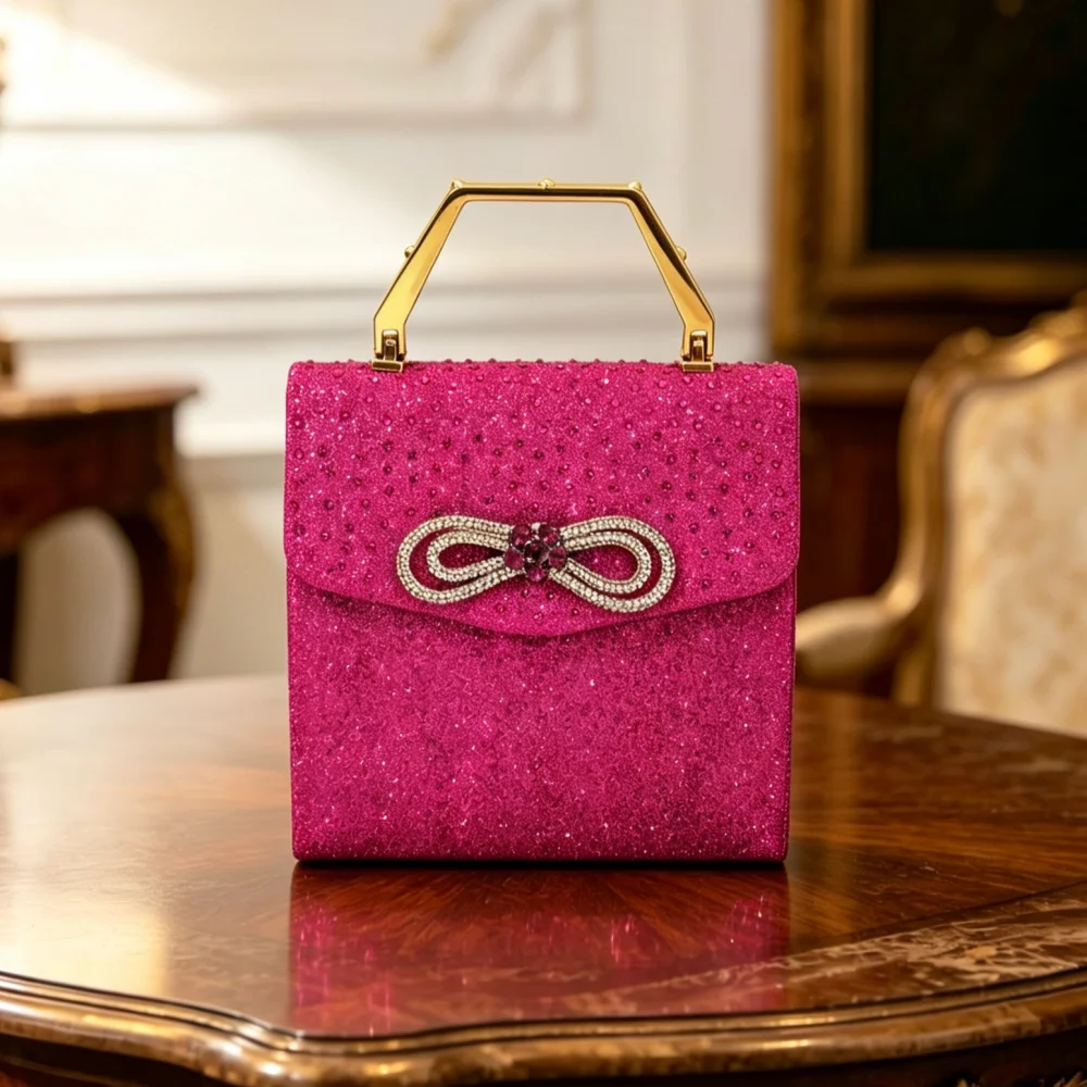 Luxuriöse Designer-Abendtasche für Damen mit Schleife, Wasserdiamanten und Kristallen – Modische Diamant-Handtasche für Partys – Detail 9