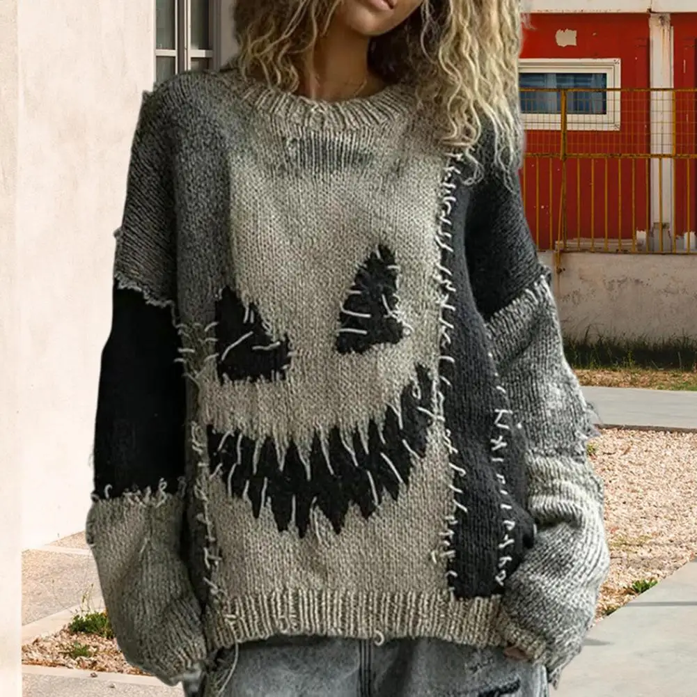Women Polyester Sweater Comfortable Women Hoodie Spooky Face Halloween Sweaters for Women Patchwork Print Knit Top Crewneck