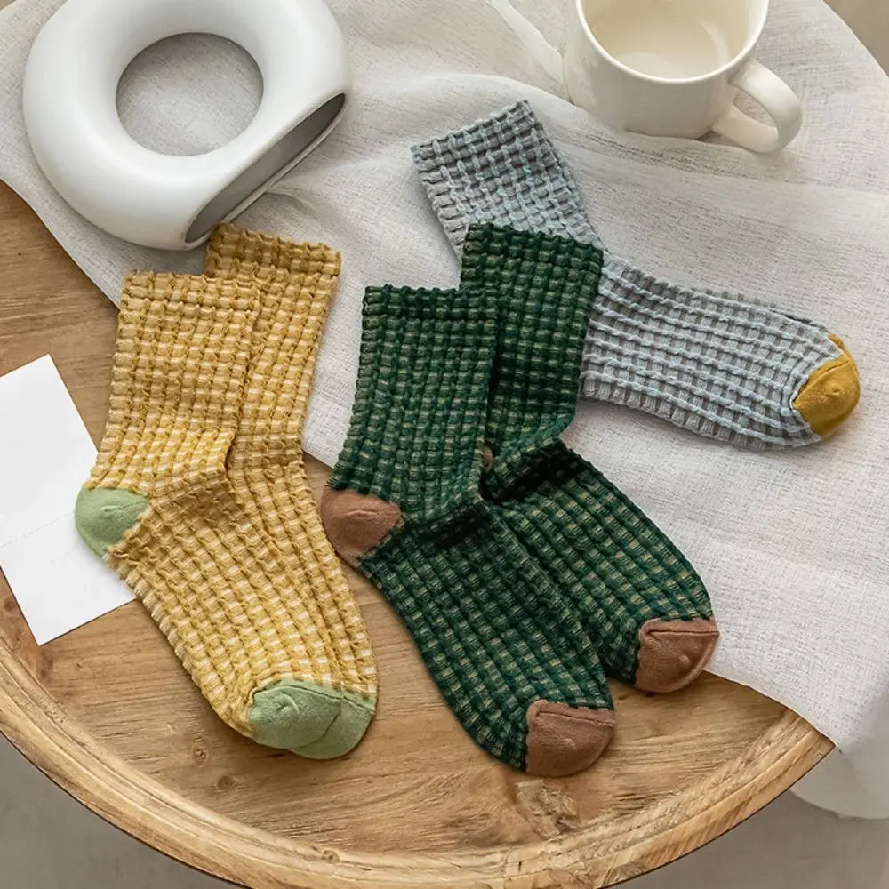 5Pairs Sweet Patchwork Checkered Cotton Socks Elastic Breathable Women Tube Sock Plaid Socks Antiskid Grids Socks Women