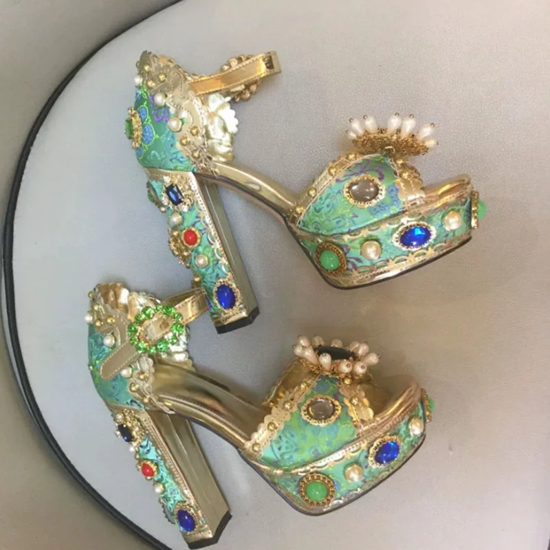 Baroque Floral Platform Block Heel Sandals Pearl Crystal Ankle Strap Chunky Heels Shoes Retro Women Banquet Dress  Shoes