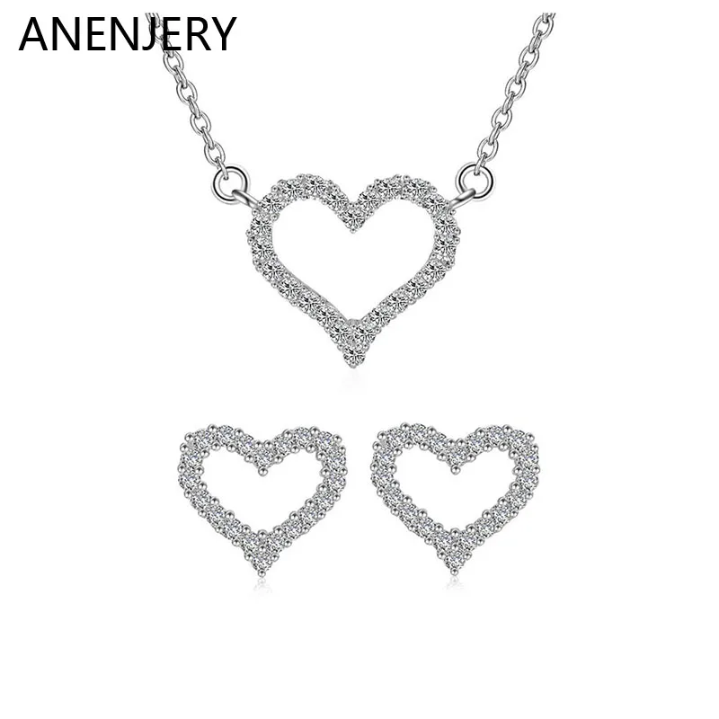 ANENJERY Silver Color Delicate Heart Shape Chain Necklace Earrings Jewelry Sets Cubic Zircon Bridal Jewelry Set