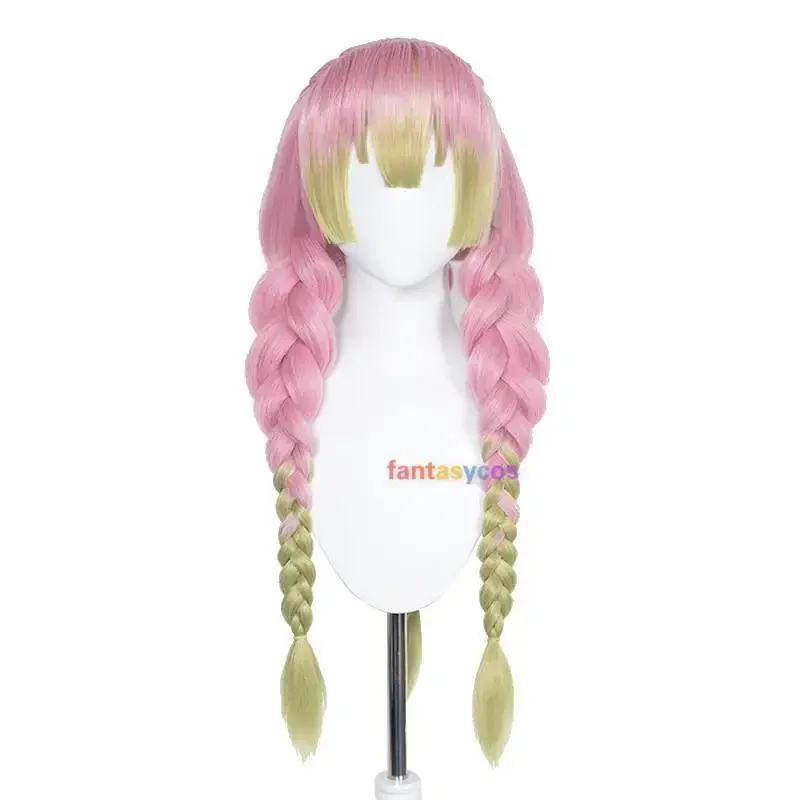 Kanroji Mitsuri Wig Kimetsu No Yaiba Cosplay Costume Long Pink Mixed Green Braid Wigs Party Hair for Halloween Role Play Party