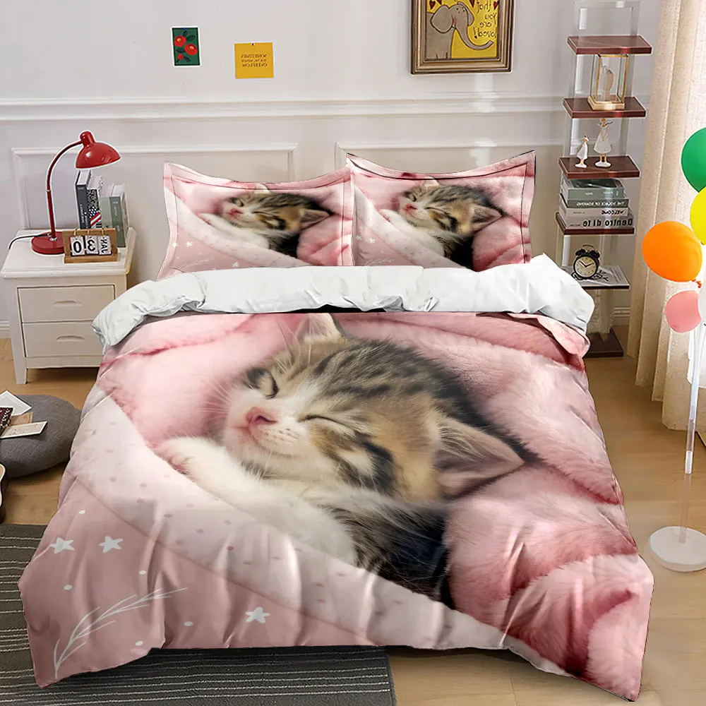 Kitten in soft pink blanket Printed Duvet Cover Set1 Duvet Cover+2 PillowcaseMulti Size Bedroom Bedding Decor Luxury gifts