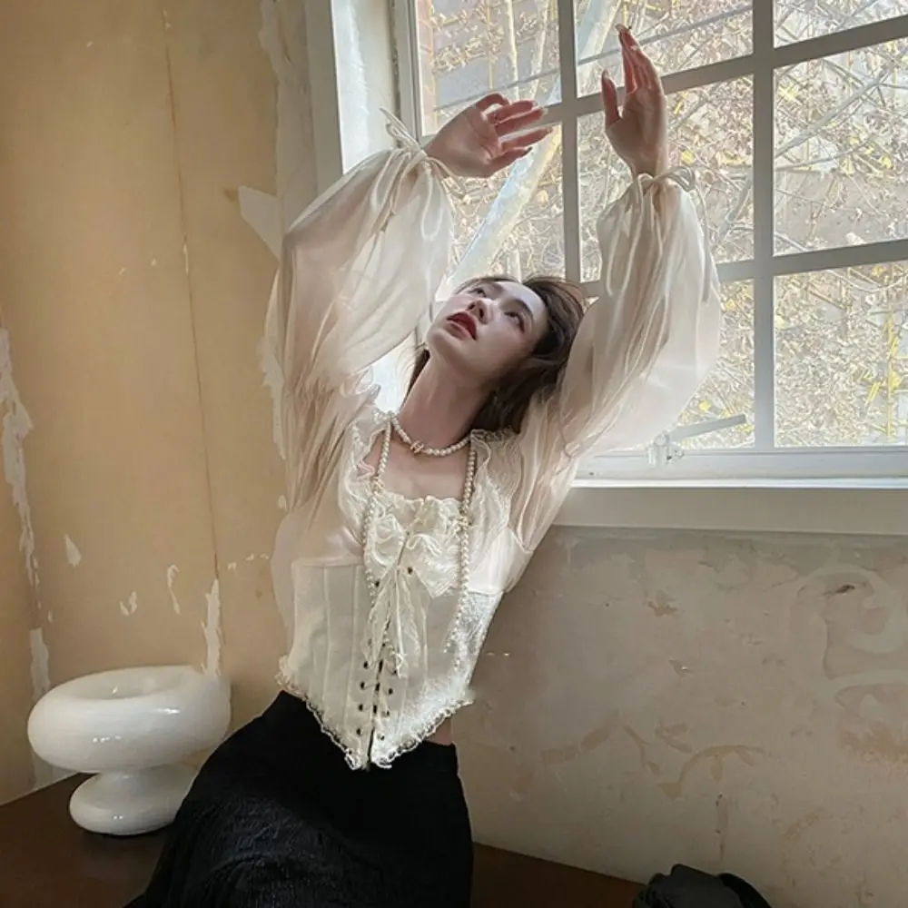 

Fashion Mesh Flounce Lace Blouse Patchwork Low Neck Lace Up Blouse Tight See Through Puff Long Sleeve Shirts Party