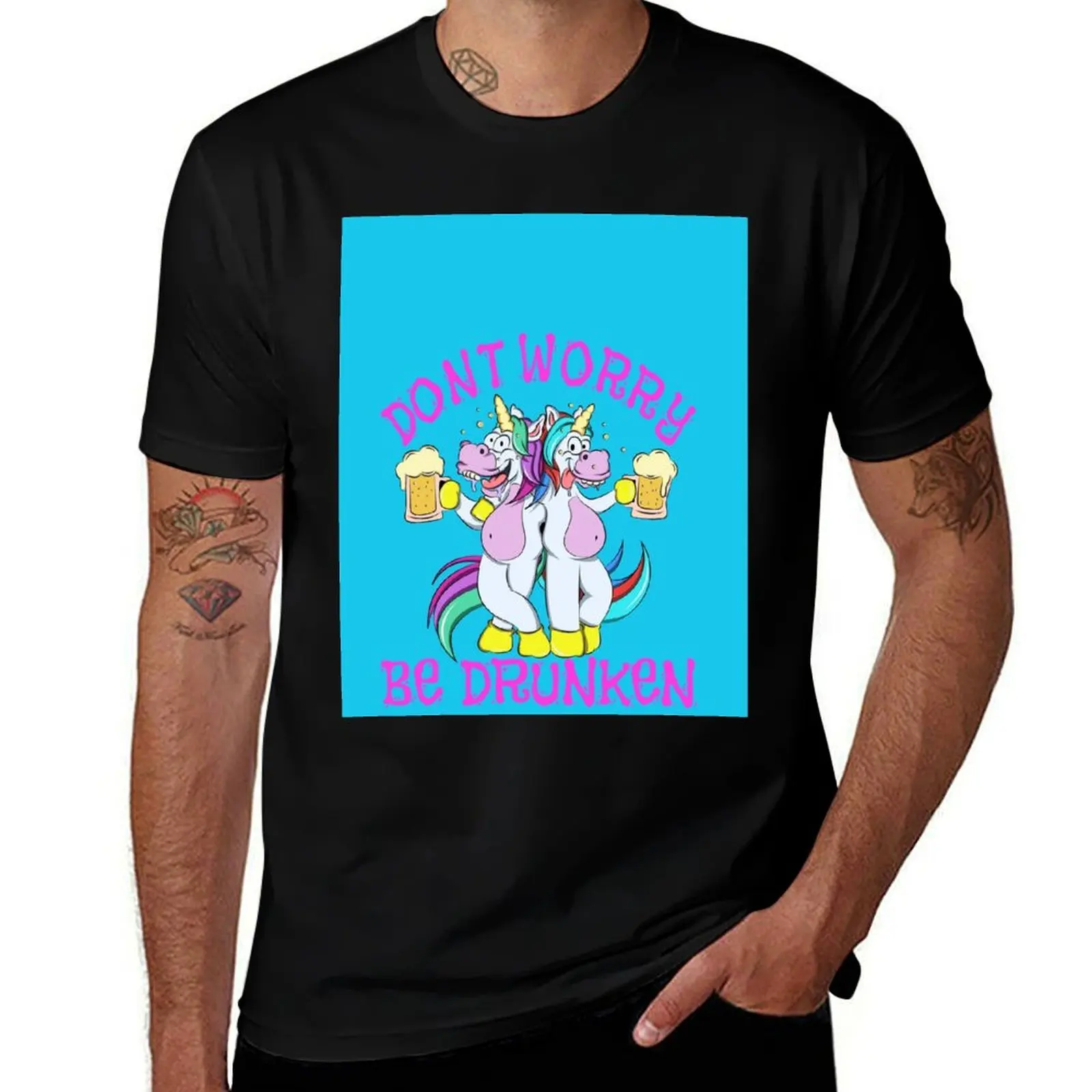 Unicorn Dont worry be drunken T-Shirt Breathable Basic Cotton T-Shirt