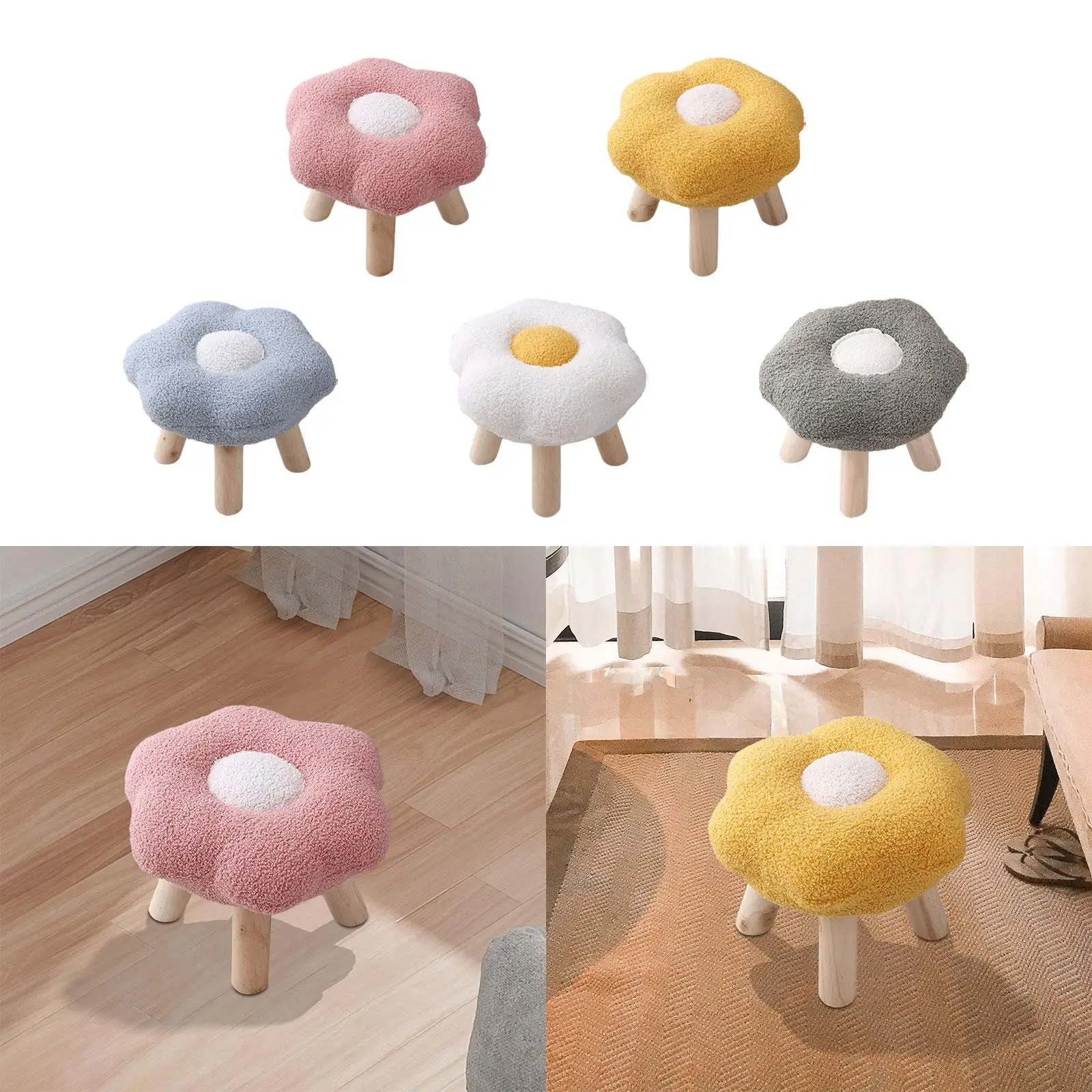 Small Foot Stool Cute Change Shoe Stool Creative Foot Rest with Wooden Leg Soft Sofa Footstool Ottoman for Living Room Bedroom