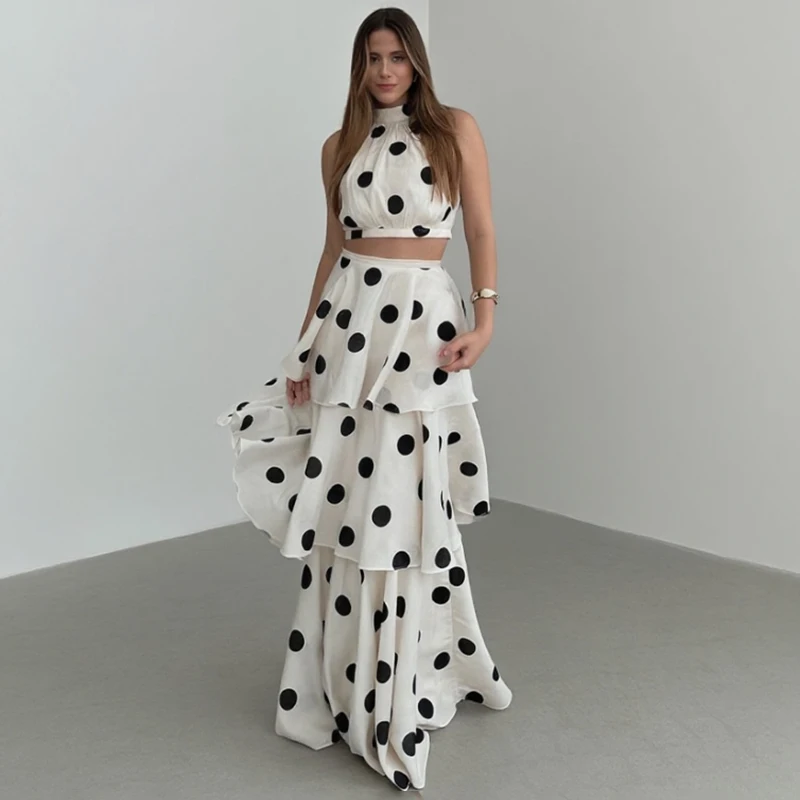 

Typhaland Polka Dots Printing Dress Sets Women's Fashion Halter Sleeveless Top Cake Skirt Women's Suit Summer Holiday Party Suit