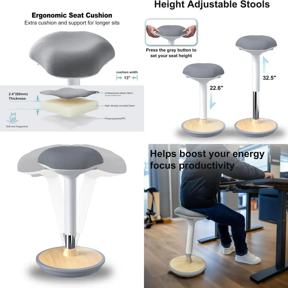 

Эргономичный поворотный стул с регулировкой высоты для активного сидения, 22,6-32,5 дюйма, с нескользящим основанием, подходит для домашнего офиса и учебных заведений