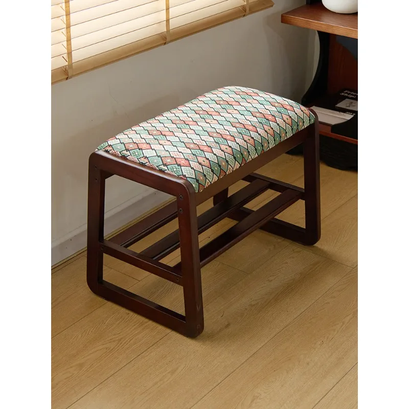 Solid Wood Retro Shoe Changing Stool Door Porch Soft Cushion Bench Shoe Rack Integrated Entryway Storage Seat Unit