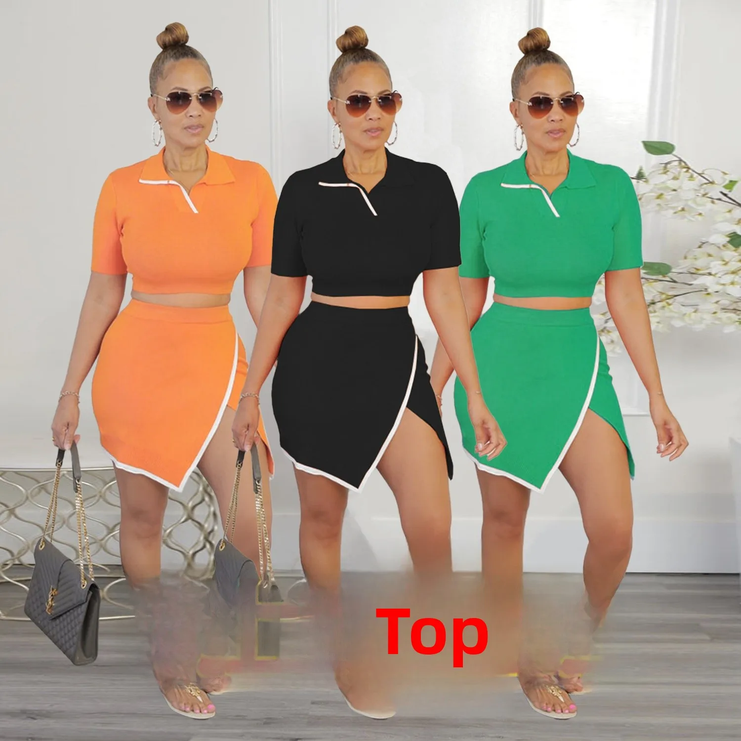 봄 슬림 2피스 세트 여성 디자인 티셔츠 스플릿 스커트 미디 기장 바디콘 스커트 솔리드 컬러 폴리에스터 혼방