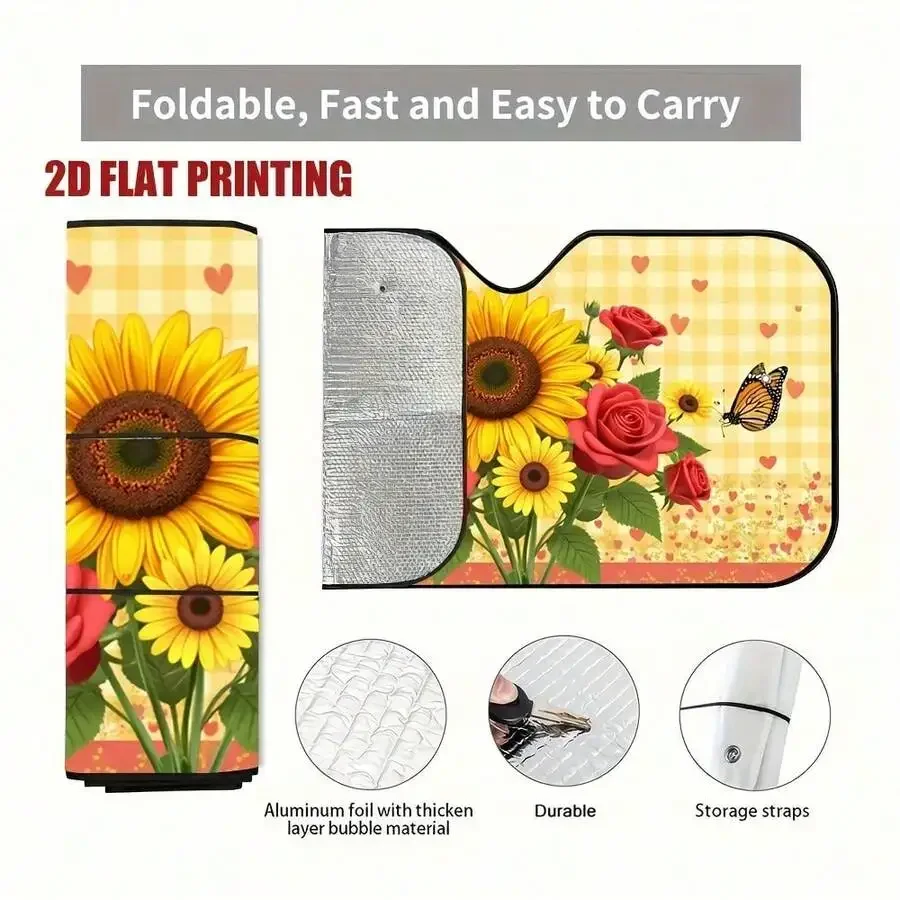 

2D Flat Print UV Resistant Car Sunshade With Sunflower Rose Pattern Durable Polyester Interior Accessory