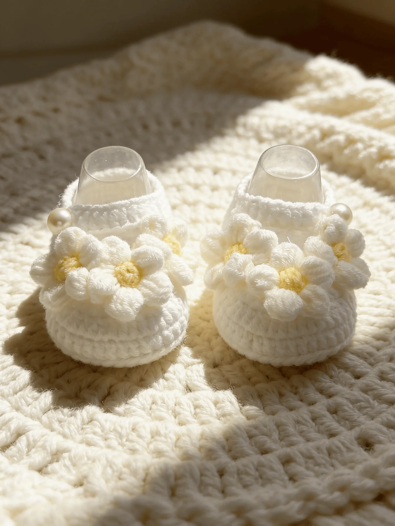 1 Pair Handmade Crochet Baby Booties, White, Daisy Flower Detail with Pearl Button, Newborn Shoes