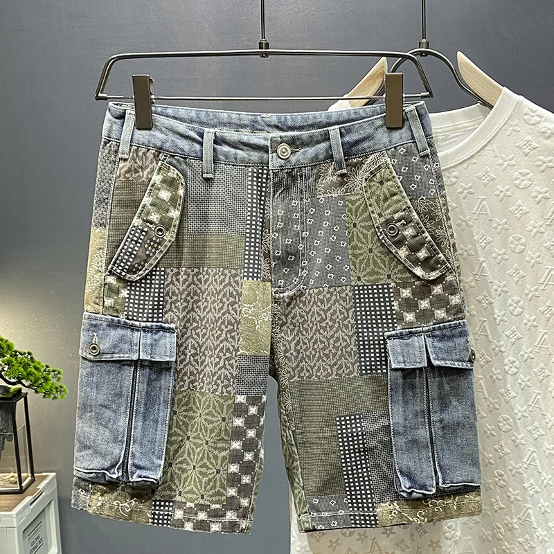 Paisley-shorts jeans masculinos casuais e soltos, retos, calças de cinco pontos, marca de maré de rua, roupas de trabalho novas e versáteis, verão 2024