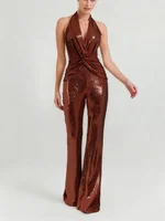 VC Gold Elegant Jumpsuits For Woman Luxury Brown Sequins Design Fashion Party Sexy Backless Sleeveless One Piece Female Clothing - Image 4