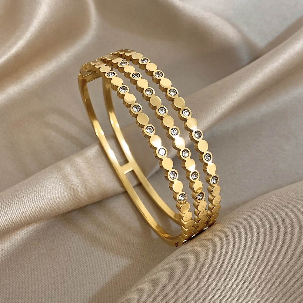 

Luxury Multi-layer Stainless Steel Wide Bangle Bracelet Women Vintage Rhinestone Geometry Chunky Cuff Spring Bangle Jewelry 2026