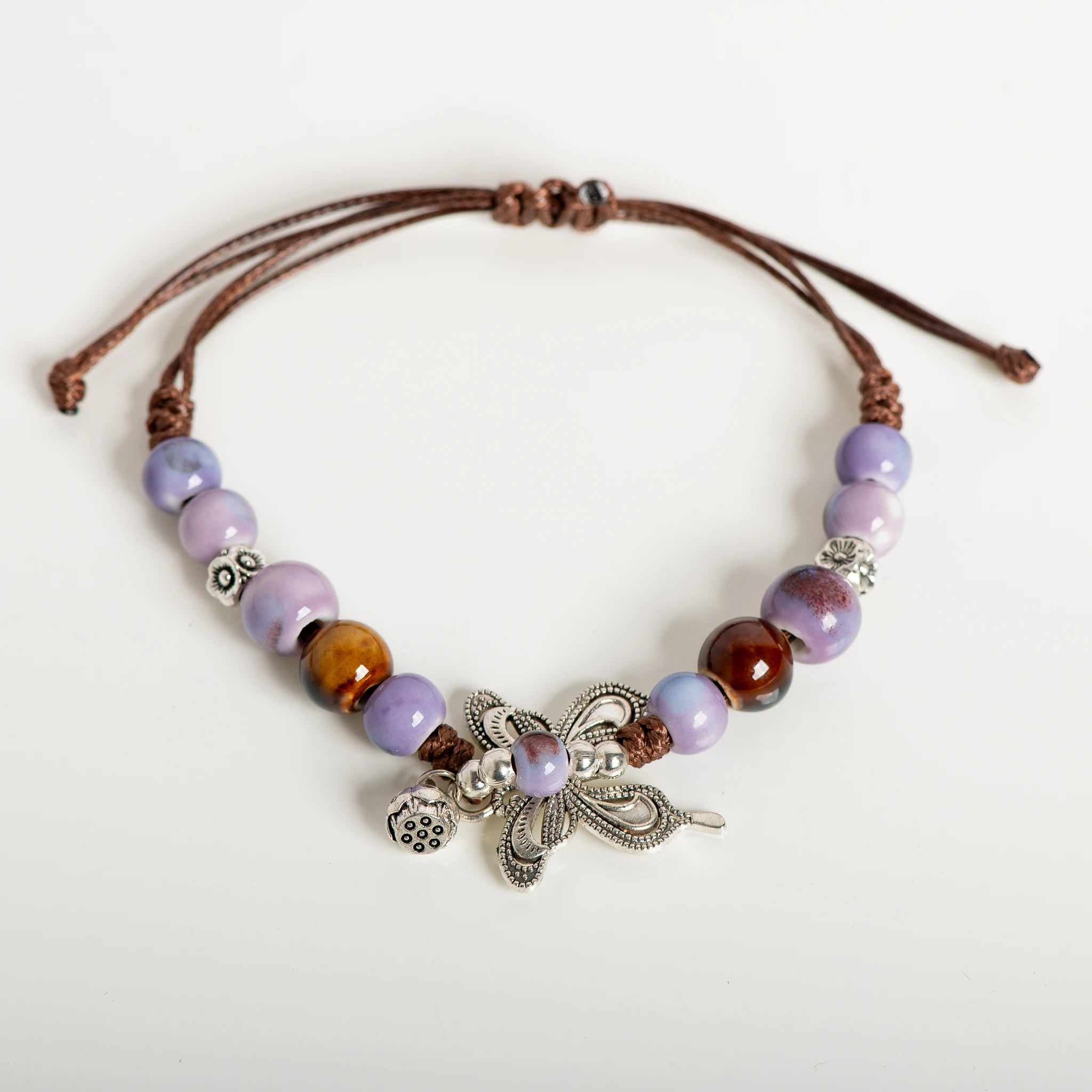 Vintage Multicolor Butterfly Ceramic Bead Bracelet Adjustable Handmade 15-25cm